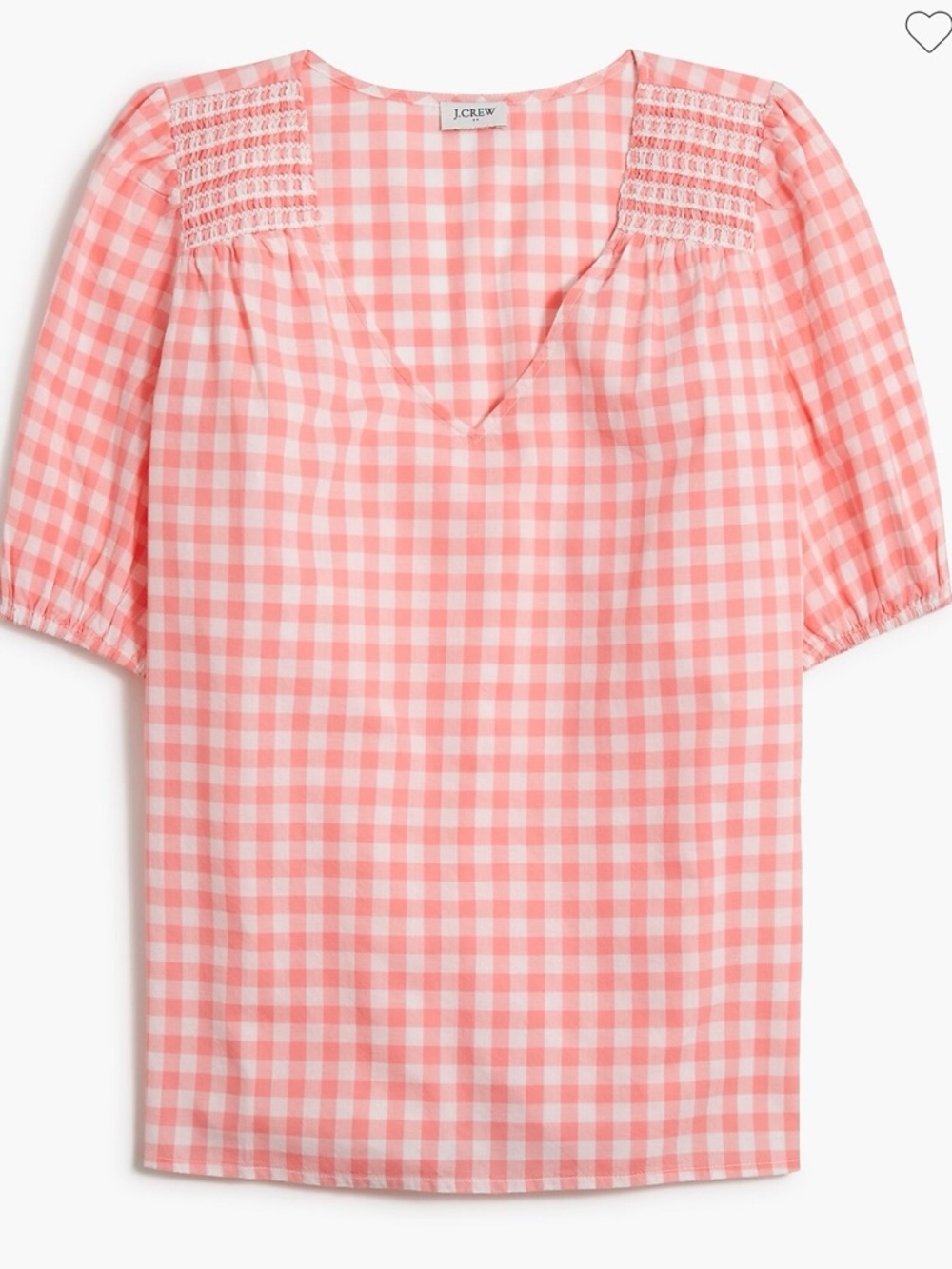 J. Crew Coral and White Gingham Smocked Yoke Blouse XXL
